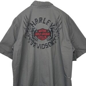 Harley Davidson Mens XL Ripstop Skull Wings Embroidered Short Sleeve Shirt Gray